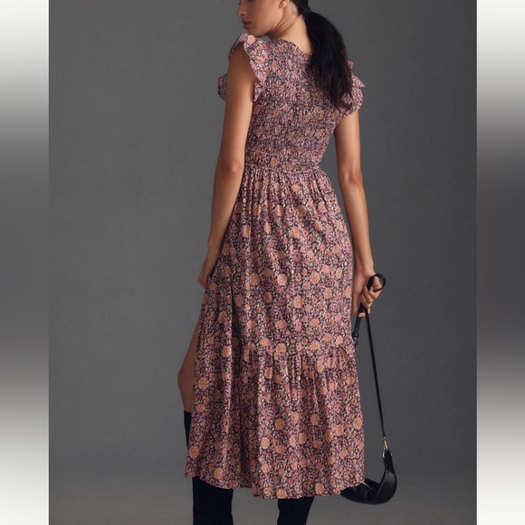 ANTHROPOLOGIE The Peregrine Midi Dress in Purple Pink Printed Smocked S Petite - Picture 3 of 11